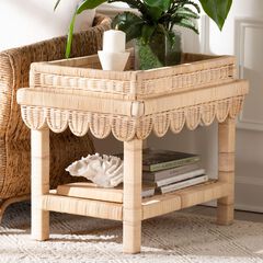 Weyman Scalloped Rattan End Table with Removable Tray Top