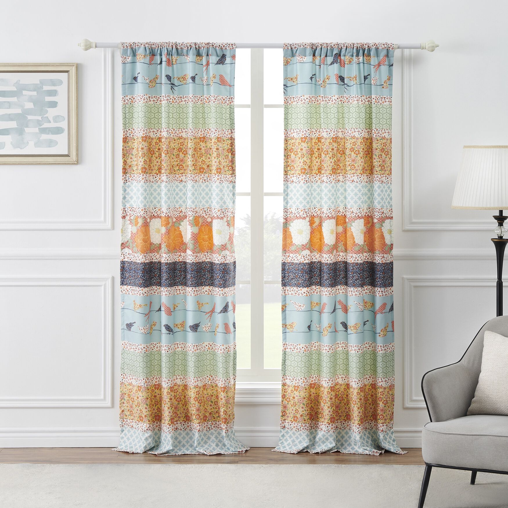 Penelope Curtain Panels- Set Of 2- With Tiebacks, CALICO STRIPE, hi-res image number 0