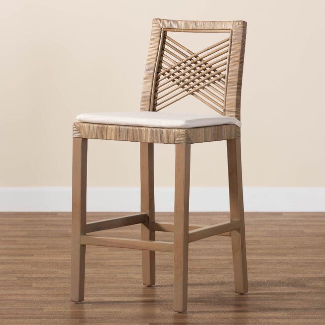 Poltak Modern Bohemian Grey Natural Kubu Rattan And Mahogany Wood Counter Stool, , alternate image number null