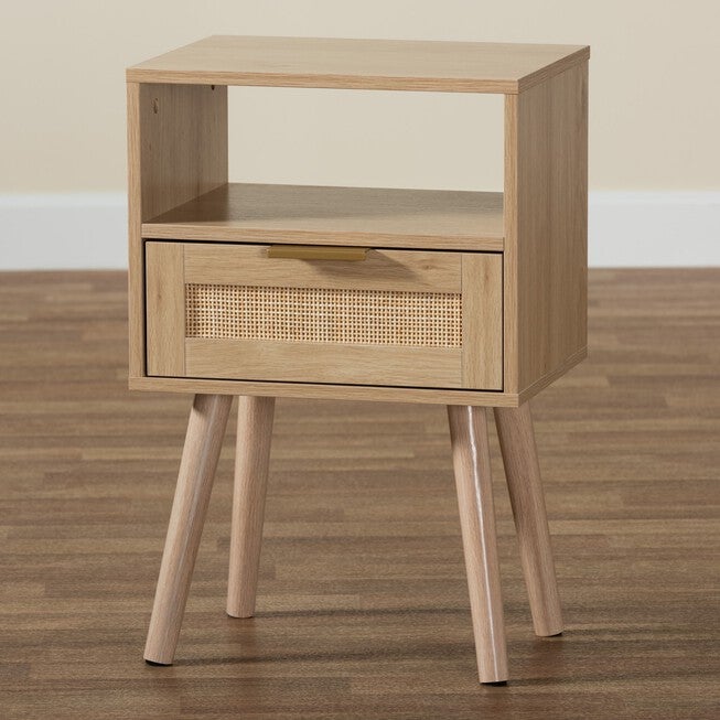 Emmett Mid-Century Modern Light Brown Finished Wood 1-Drawer End Table, , alternate image number null
