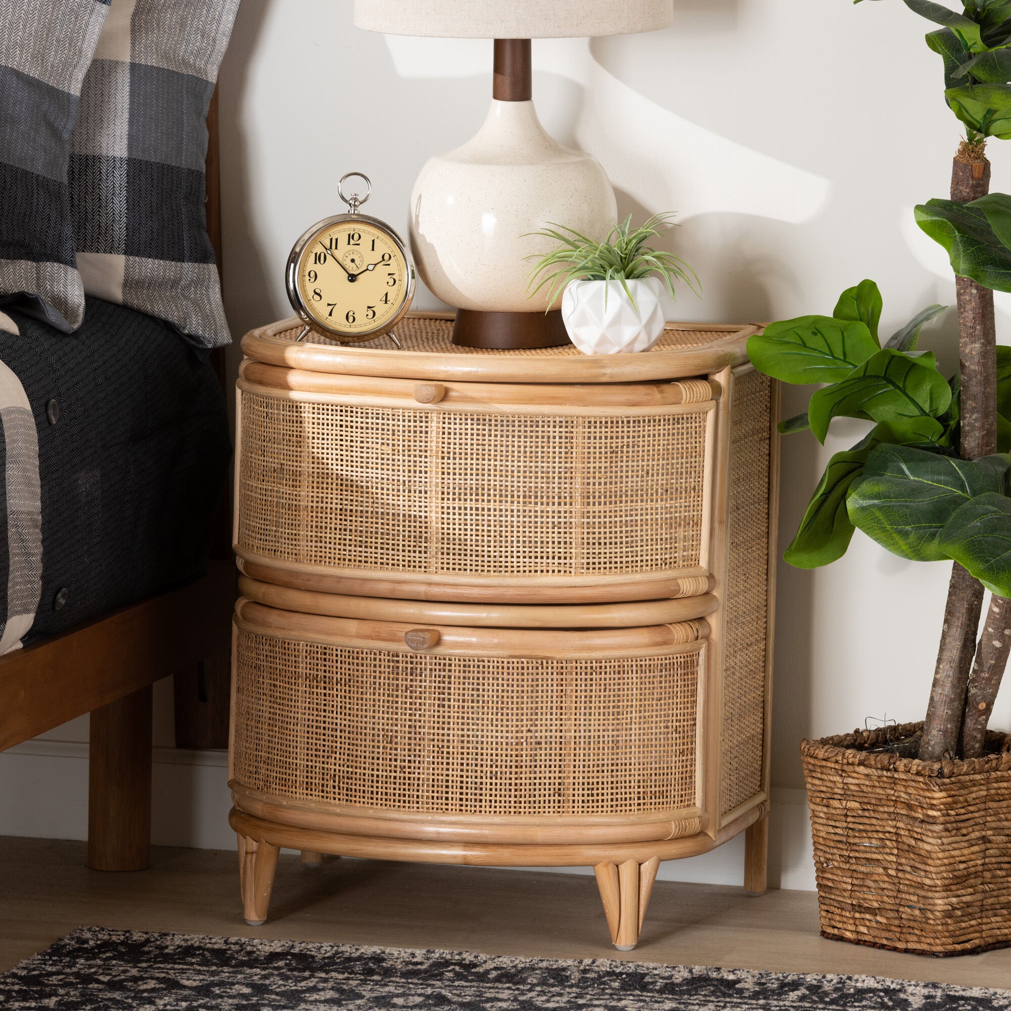 Oleta Modern Bohemian Natural Brown Rattan 2-Drawer Nightstand, NATURAL BROWN, hi-res image number 0