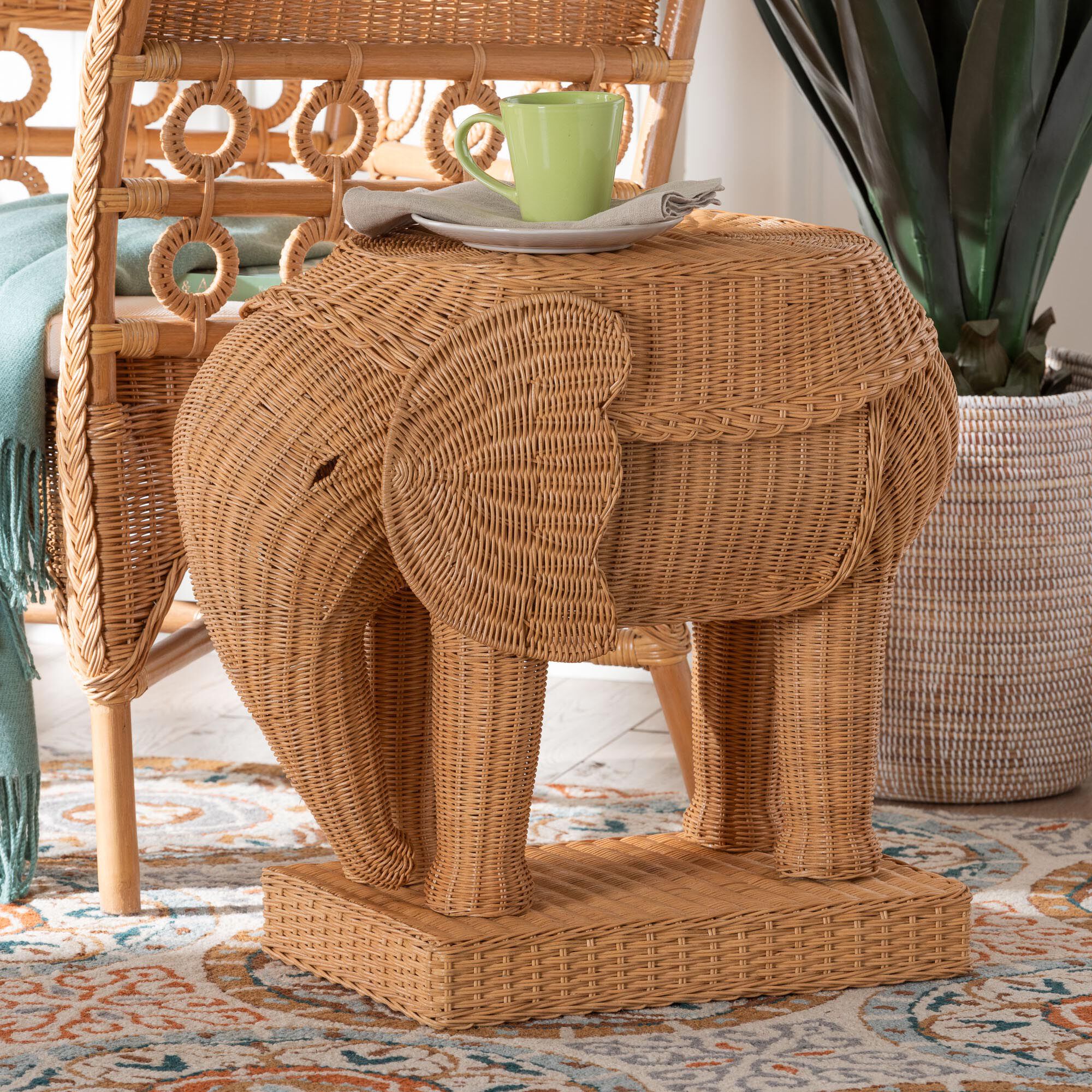 bali & pari Elissa Bohemian Light Honey Rattan Elephant End Table, LIGHT HONEY, hi-res image number 0