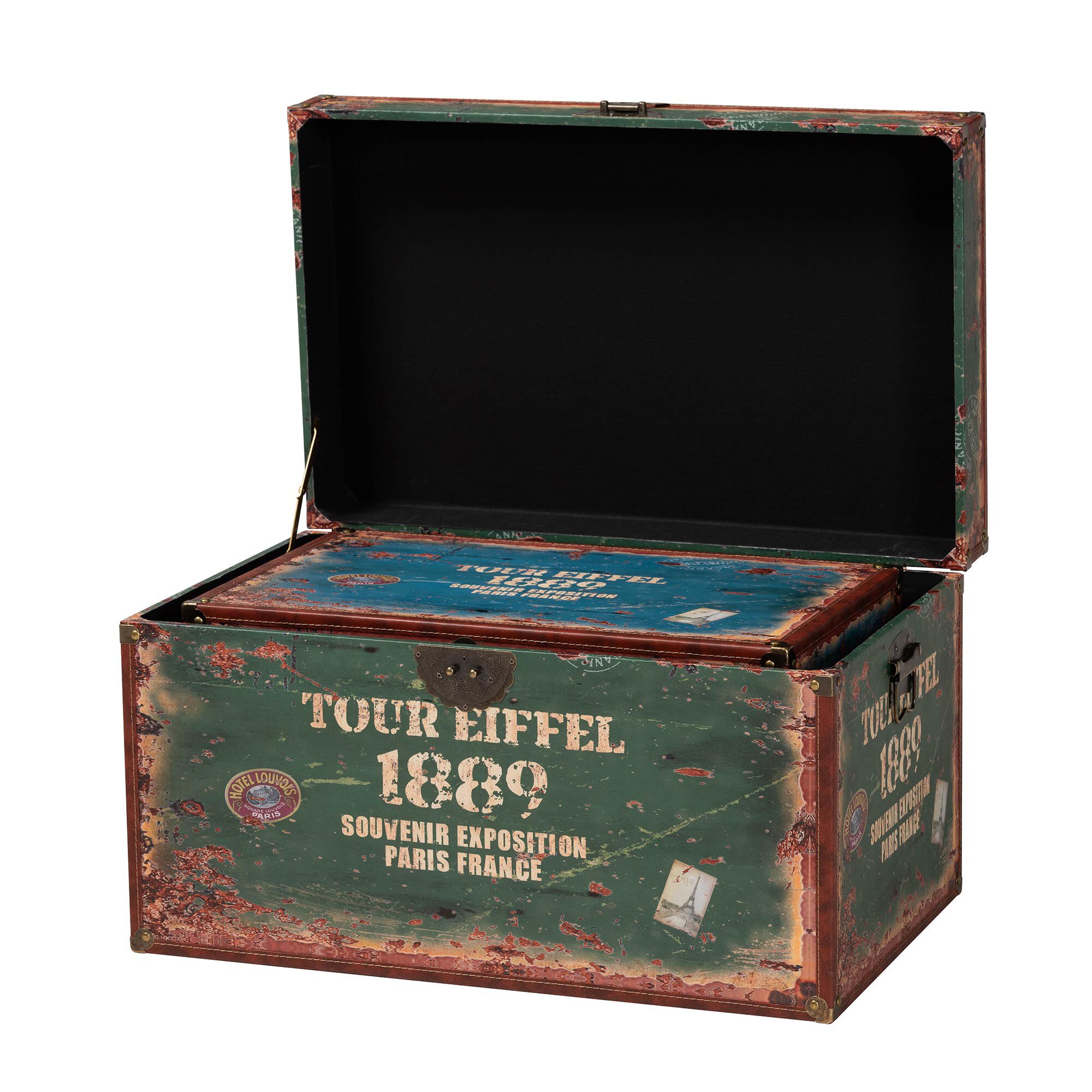 Sabeen Vintage Parisian Faux Leather and Wood 2-Piece Storage Trunk Set, GREEN, alternate image number 3