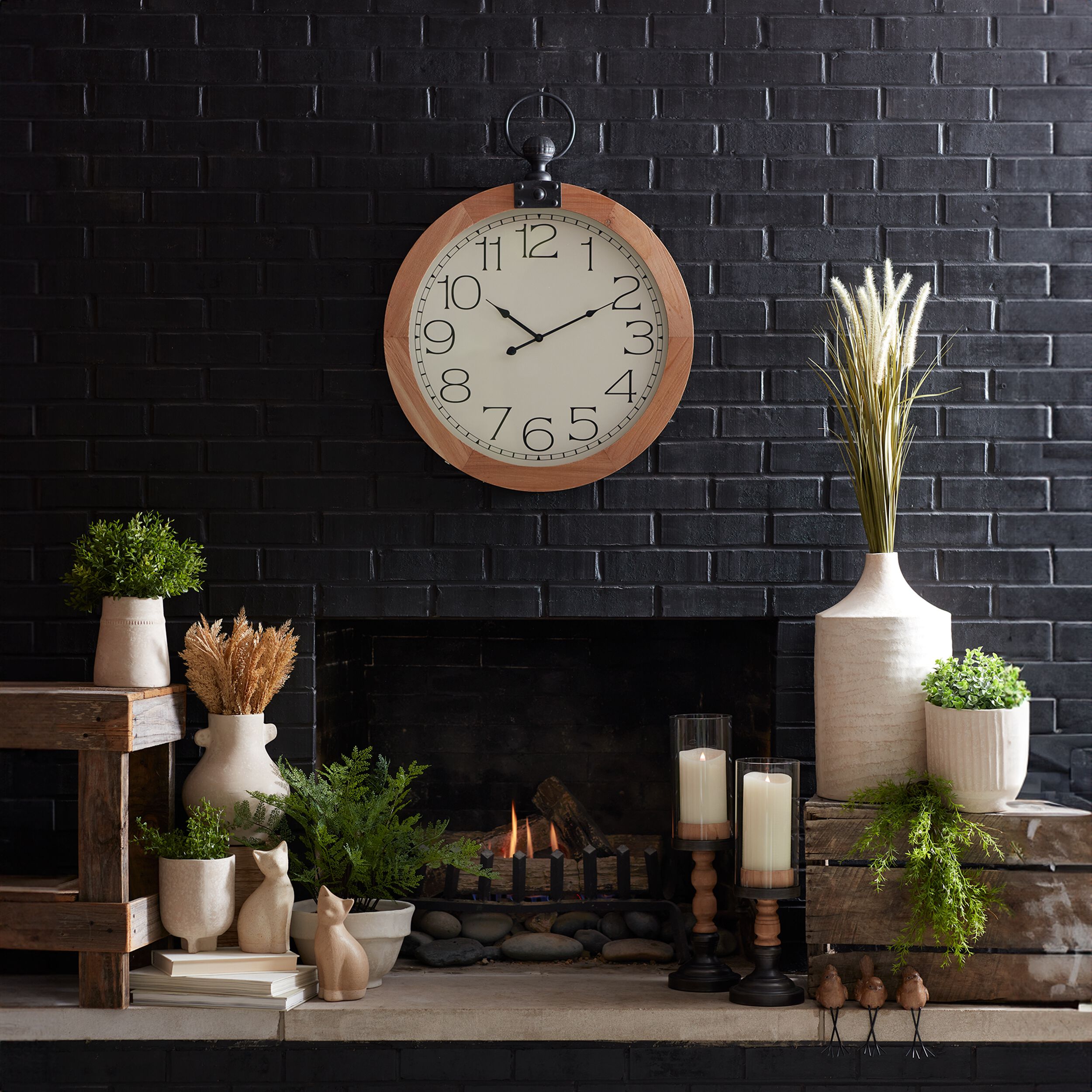 Round Wood Wall Clock Under Glass 23.75 inchesD, BROWN, alternate image number 1