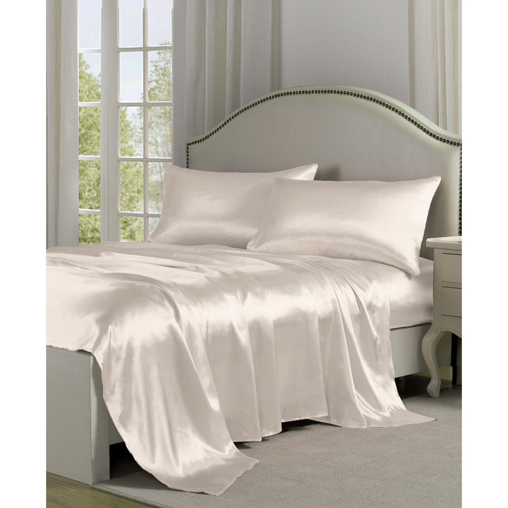 Belles & Whistles Black Satin Sheet Set, IVORY, hi-res image number 0