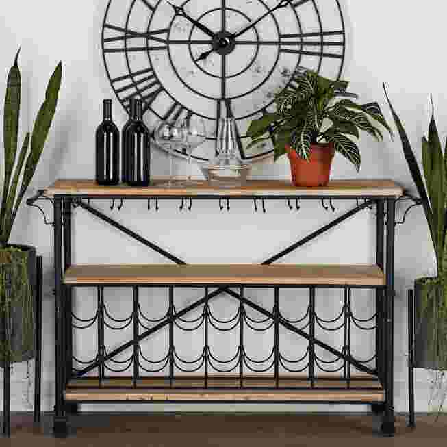 Wine storage cart in a living room setting with plants and a clock on the wall