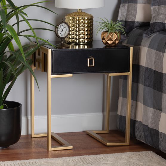 Luna Contemporary Glam And Luxe Black Finished Wood And Gold Metal End Table, , alternate image number null