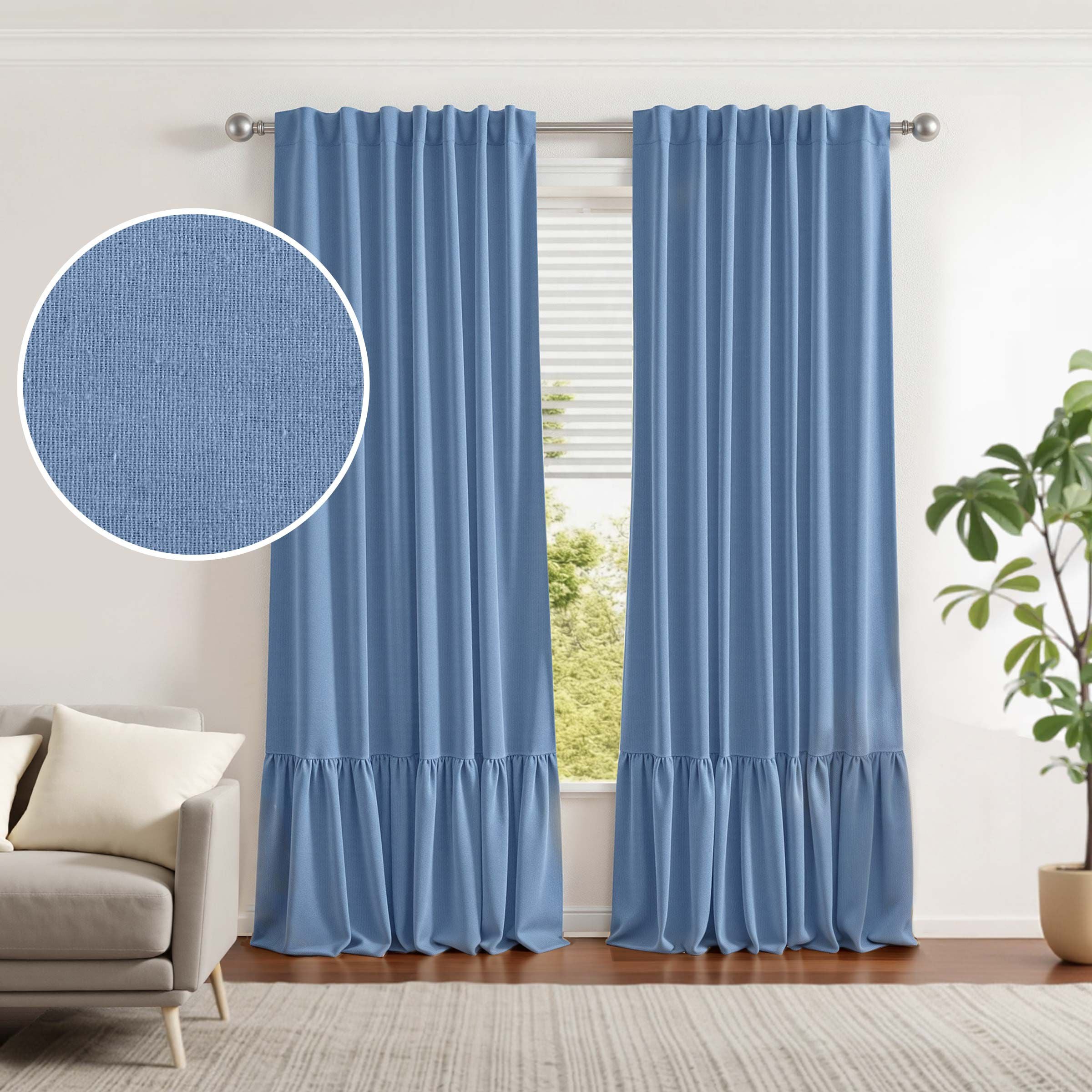 100% Blackout Recycled Cotton Ruffle Curtain Pair, BLUE, hi-res image number 0