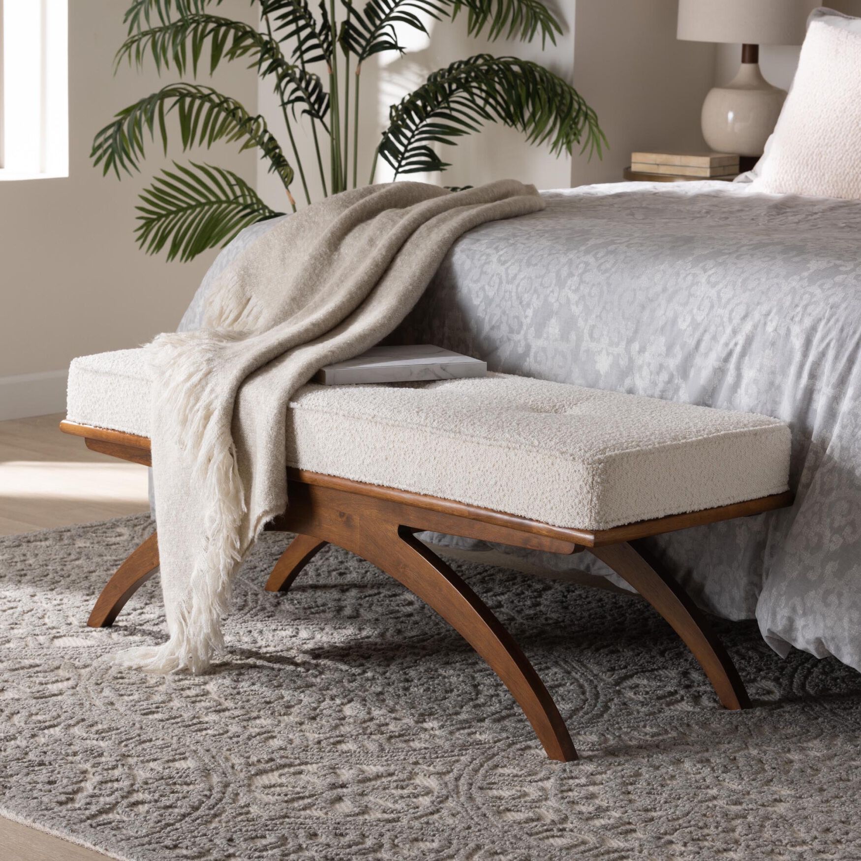 Orella Japandi Cream Boucle Fabric And Walnut Brown Finished Wood Bench, , alternate image number 4