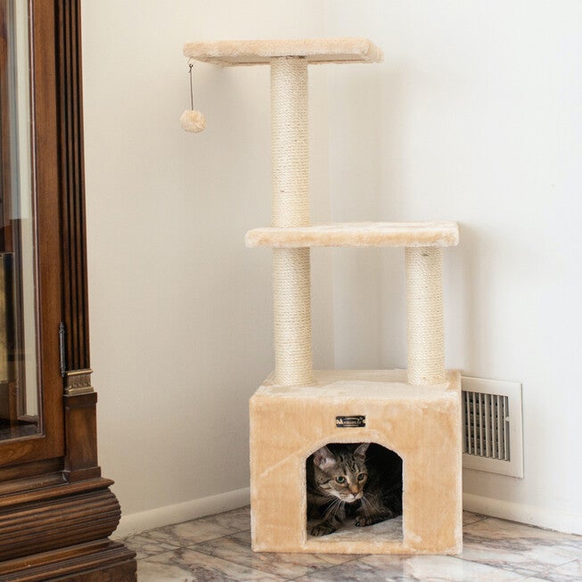 3-Tier Real Wood Cat Condo With Sisal Scratching Post 39 inches, , on-hover image number null