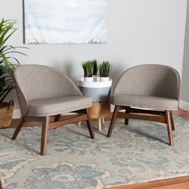 Lovella Mid-Century Modern Grey Fabric And Walnut Brown Finished Wood 2-Piece Accent Chair Set, , alternate image number null