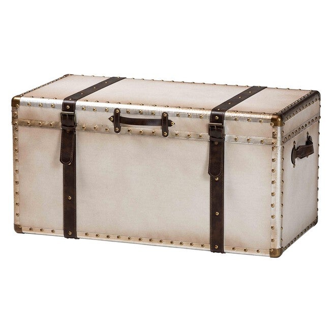 Nevio Vintage Weathered White Canvas Storage Trunk, BEIGE, alternate image number null