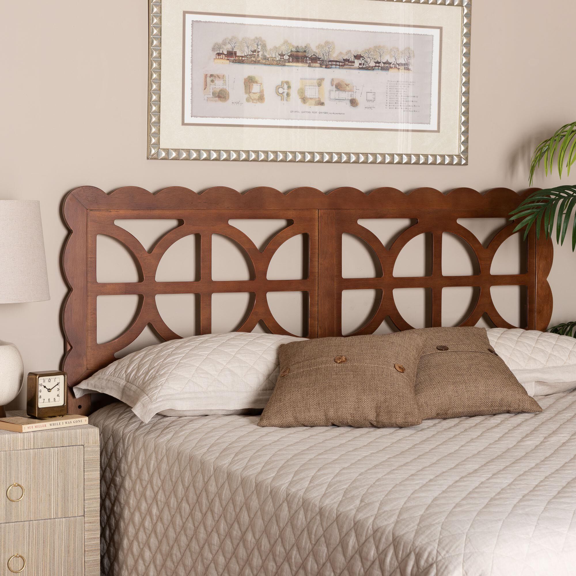 Nansen Wood Headboard with Scalloped Frame, Full, Walnut, BROWN, alternate image number 4