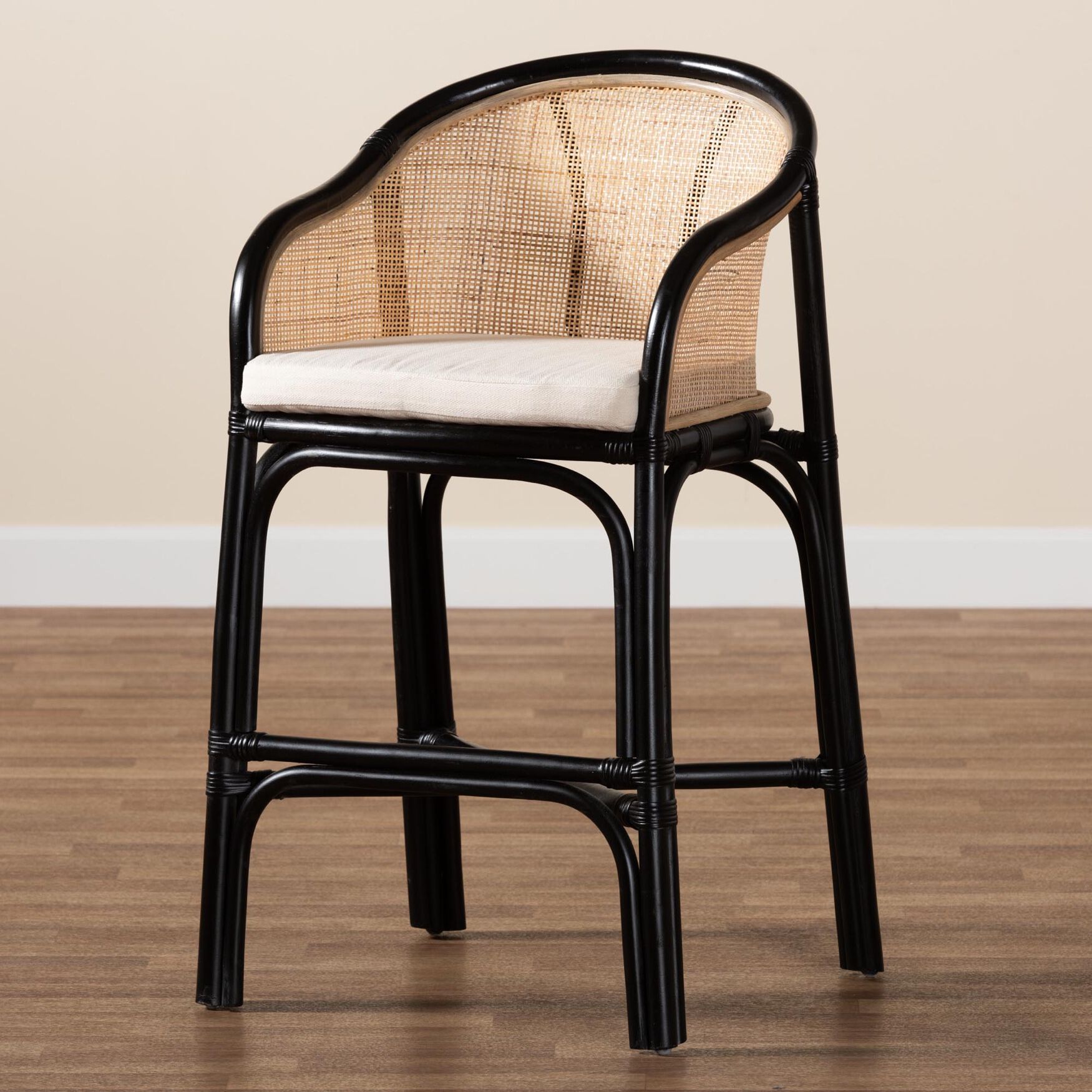 Miranda Modern Bohemian Two-Tone Black And Natural Brown Rattan Counter Stool, , alternate image number 7