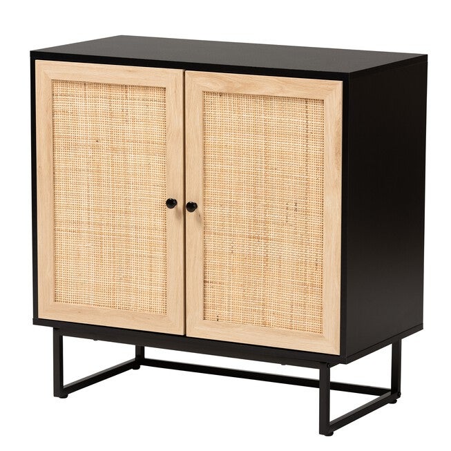Declan Mid-Century Modern Espresso Brown Finished Wood And Natural Rattan 2-Door Storage Cabinet, ESPRESSO BROWN BLACK, hi-res image number null