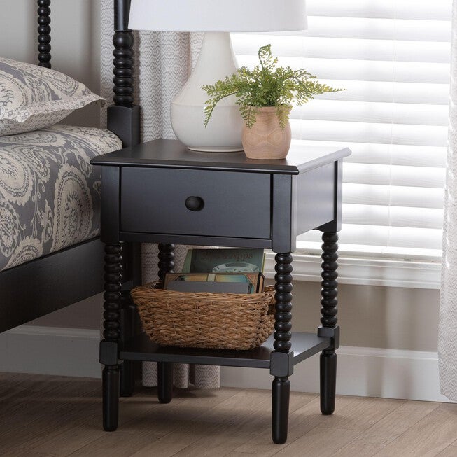 Baxton Studio Braith Farmhouse Black Spindle Wood 1-Drawer Nightstand, BLACK, hi-res image number null