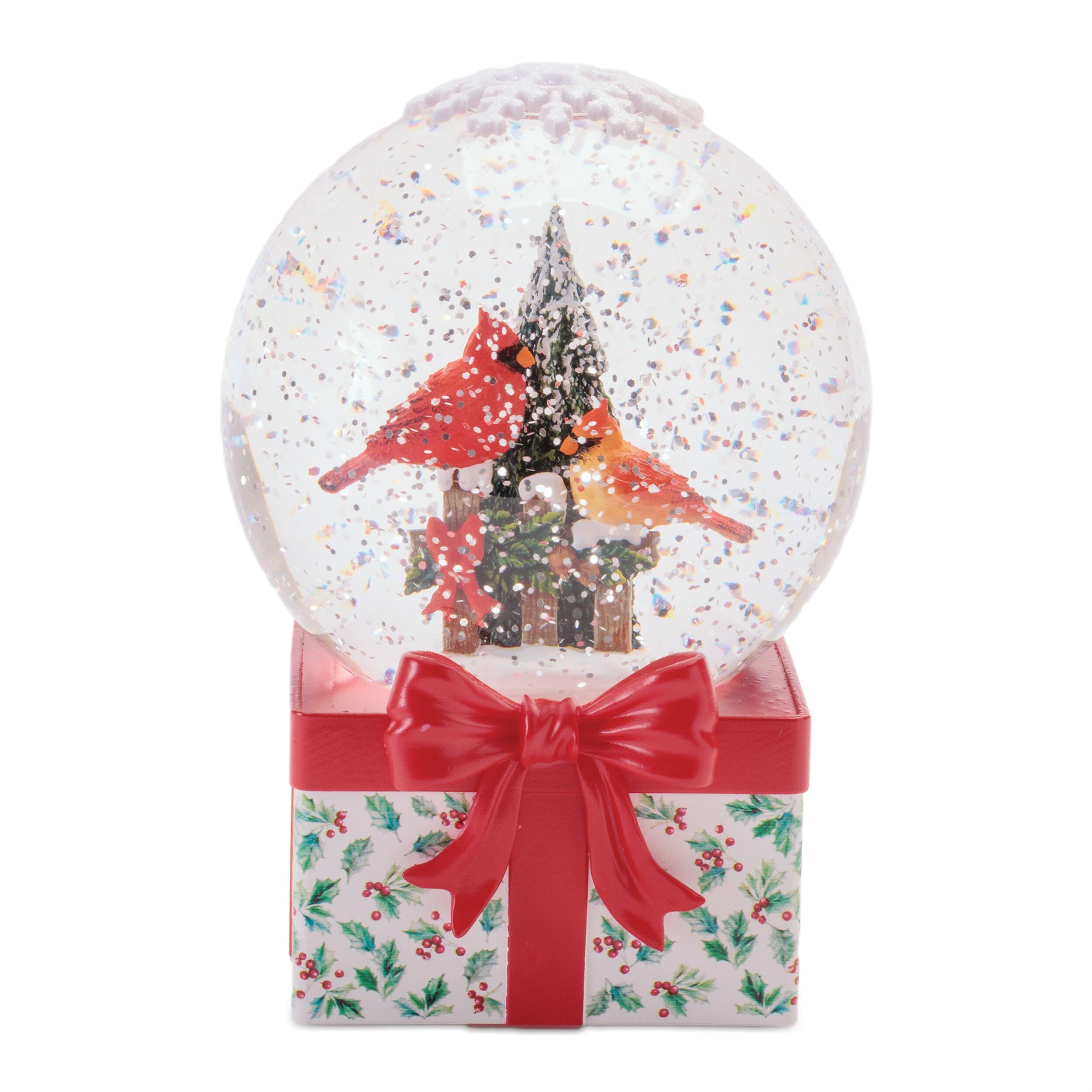 LED Cardinal Snow Globe 6.5 inchesH, RED GREEN WHITE, hi-res image number 0