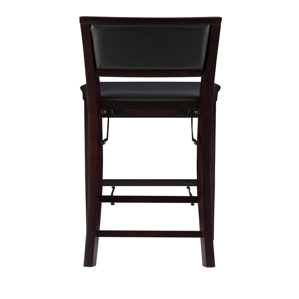 Back view of a dark wood bar stool showing backrest and supports.