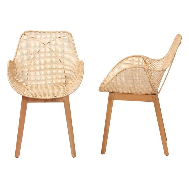 Ballerina Japandi Natural Brown Finished Mahogany Wood And Rattan 2-Piece Dining Chair Set, , alternate image number null