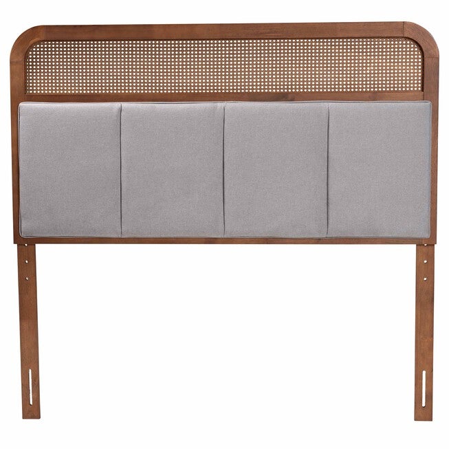 Esti Mid-Century Modern Light Grey Fabric And Ash Walnut Finished Wood King Size Headboard With Rattan, , on-hover image number null