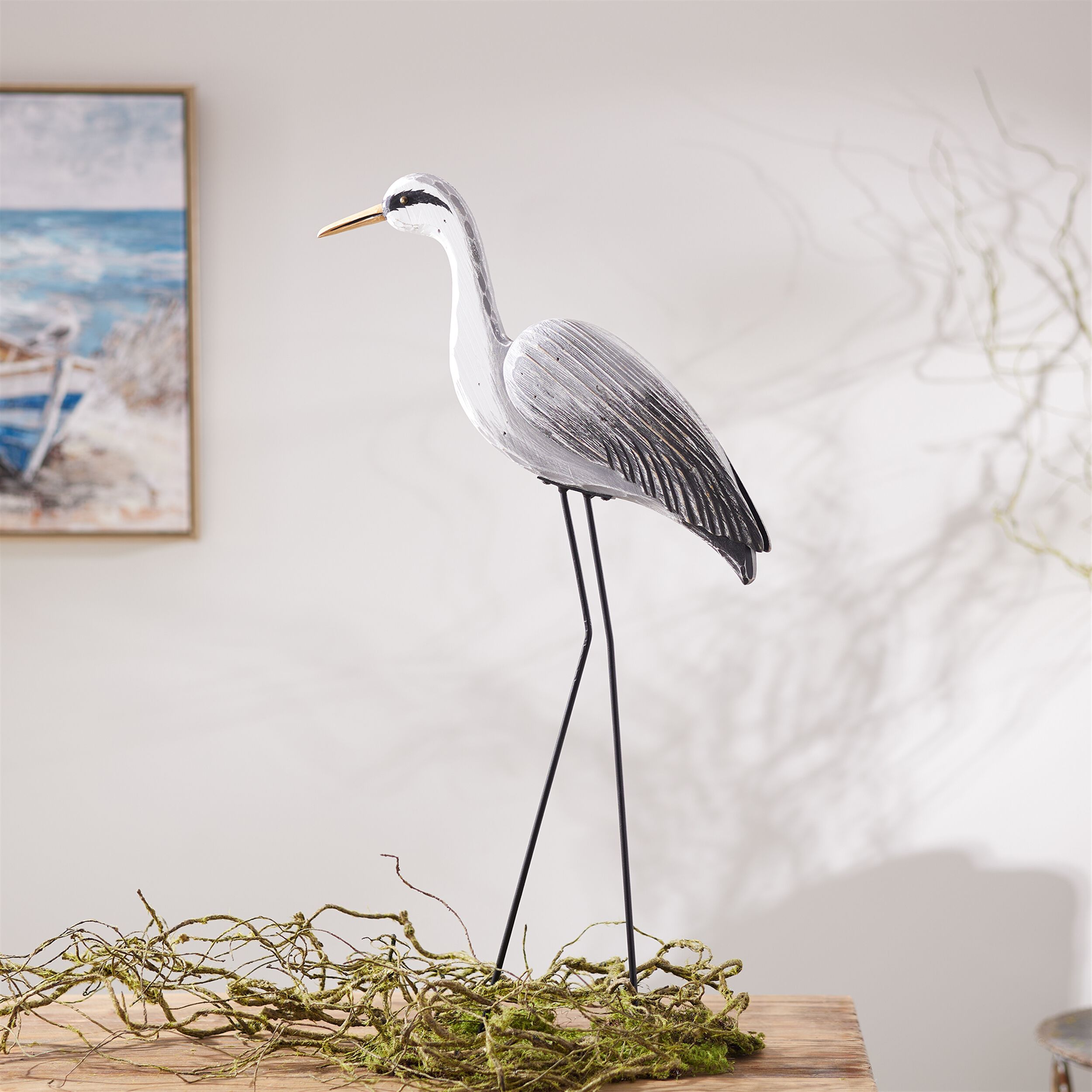 Paulownia Wood Heron Bird Statue with Metal Legs Base 29.5INH, BLACK WHITE, alternate image number 1