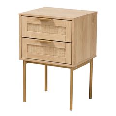 Dewitt Japandi Light Brown Finished Wood And Gold Metal 2-Drawer End Table