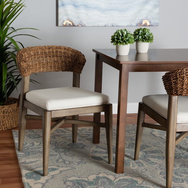 Chloe Modern Bohemian Walnut Brown Finished Mahogany Wood And Natural Rattan Dining Chair, , alternate image number null