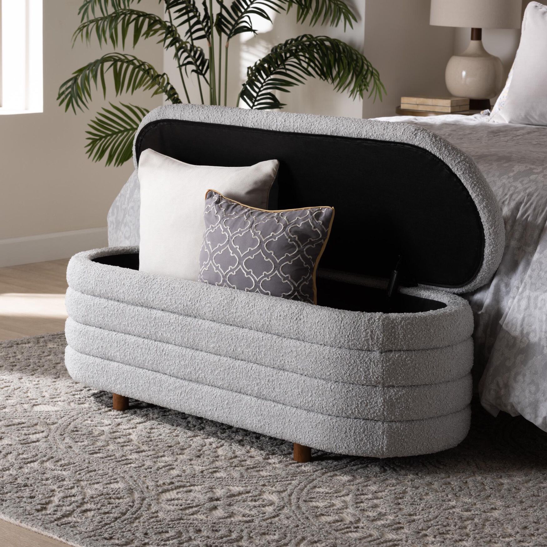 Betiana Modern Japandi Cream Boucle Fabric And Walnut Brown Finished Wood Storage Bench, , alternate image number 14