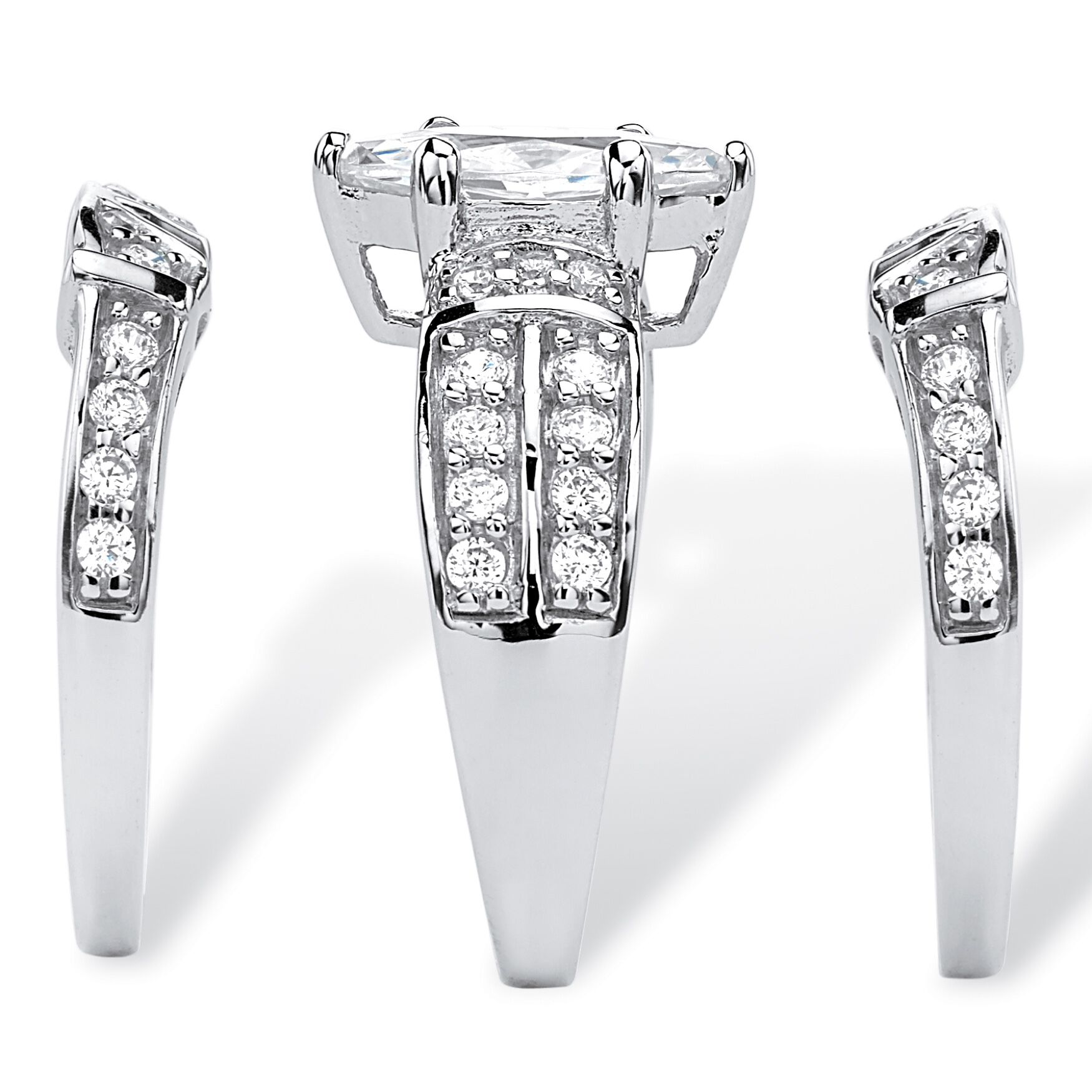 Silver Marquise Cut 3 Piece Multi Row Bridal Ring Set Cubic Zirconia, , on-hover image number 1
