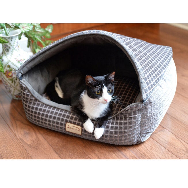 Cuddle Cave Cat Bed With Detachable & Collasible Zipper Top, Removable Cushion Mat, Bronze & Silver, , alternate image number null