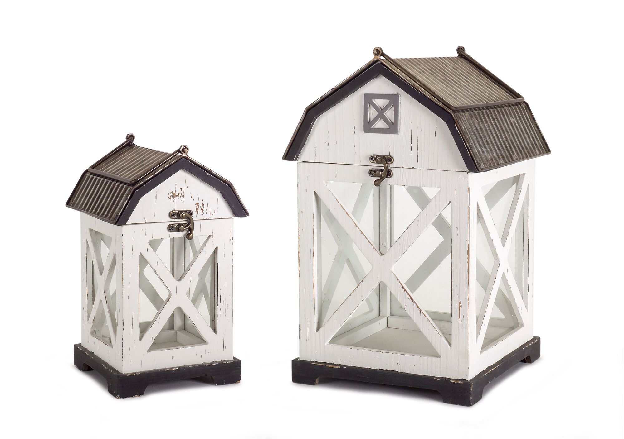 Distressed White Wood Barn Style Lantern (Set of 3), WHITE BROWN, hi-res image number 0