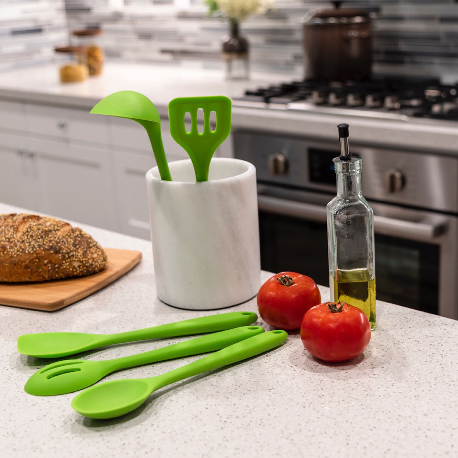 5-Piece Silicone Cooking Tools, GREEN, hi-res image number 0