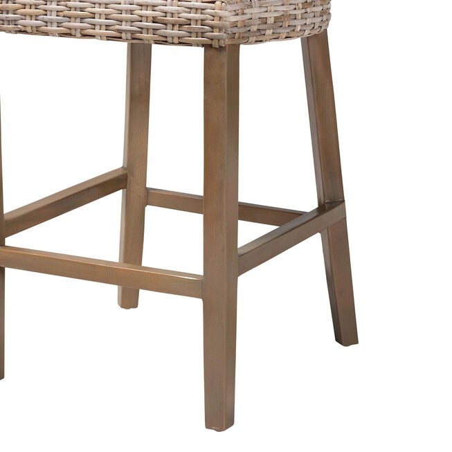 Enver Modern Bohemian Grey Kubu Rattan And Mahogany Wood Counter Stool, , alternate image number null