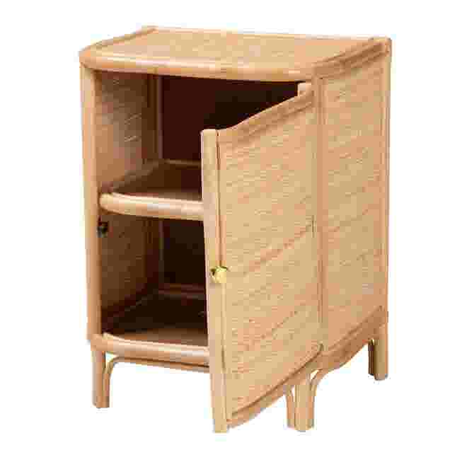 Open rattan nightstand showing interior shelves