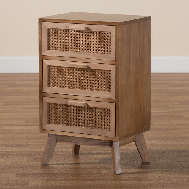 Baden Mid-Century Modern Walnut Brown Finished Wood 3-Drawer Nightstand With Rattan, , alternate image number null