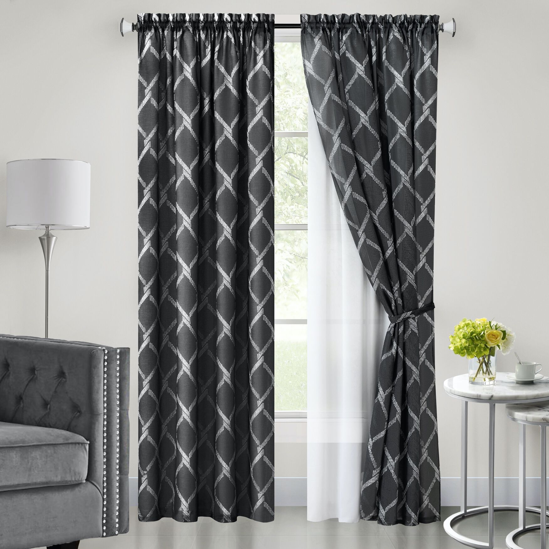 Bombay Double Layered Rod Pocket Window Curtain Panel, BLACK, hi-res image number 0