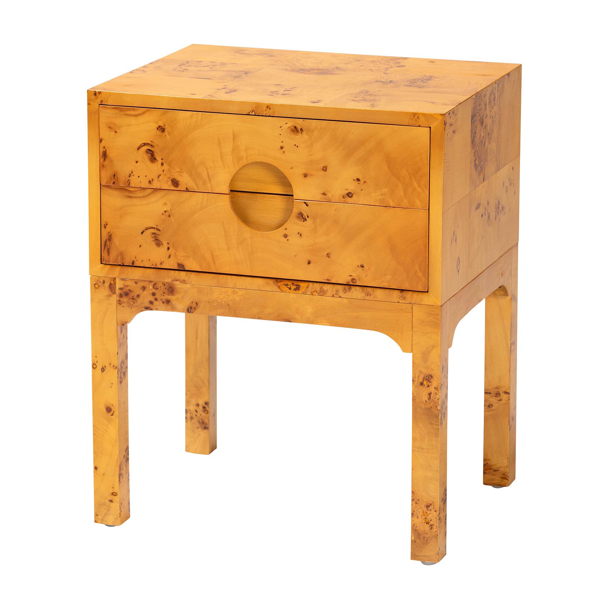 Kayla Modern and Contemporary Natural Light Mappa Real Burl Wood 2-Drawer Nightstand, BURL, alternate image number 1