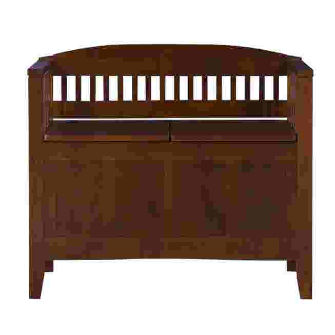 Wooden storage bench with slatted back and front panel
