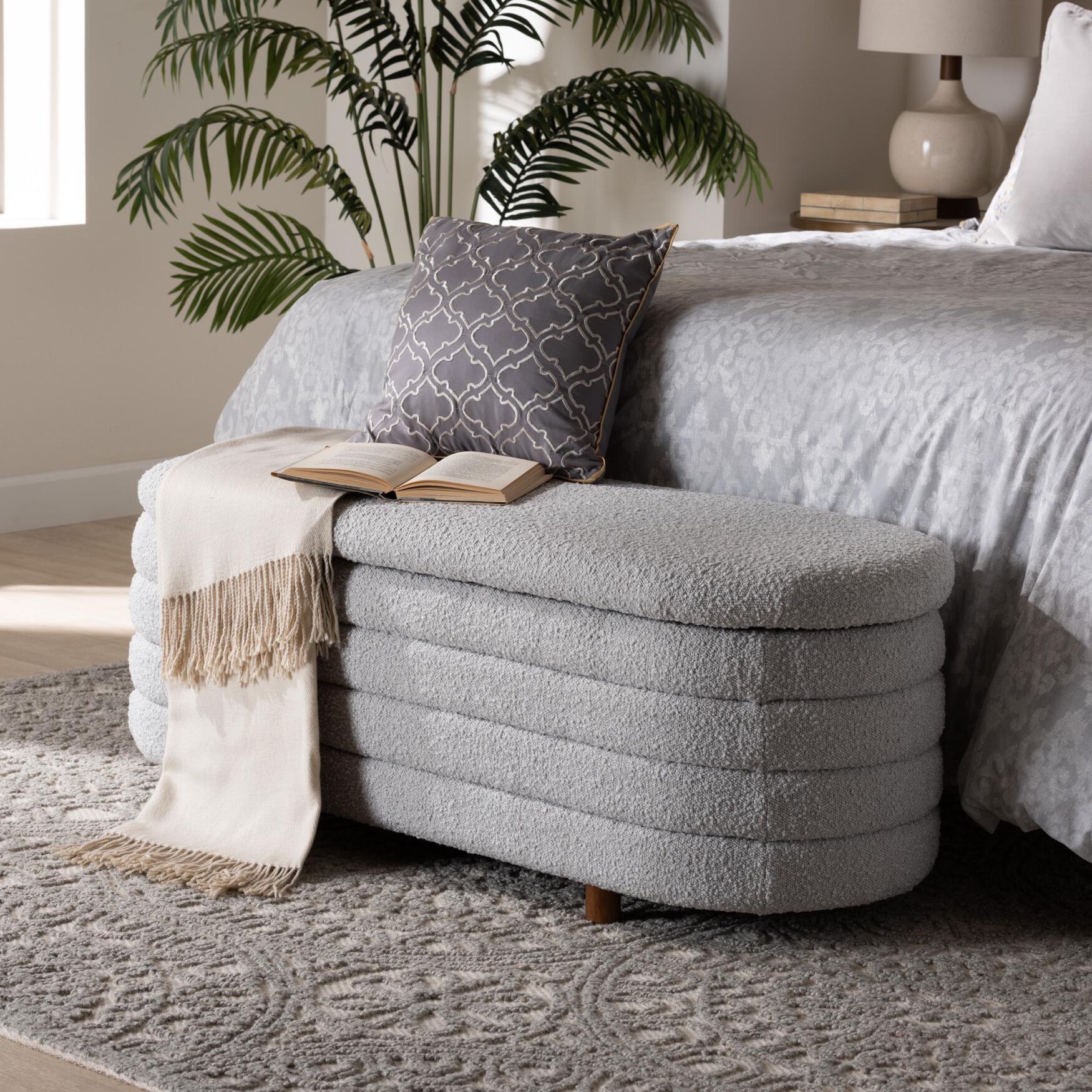 Betiana Modern Japandi Cream Boucle Fabric And Walnut Brown Finished Wood Storage Bench, , alternate image number 13