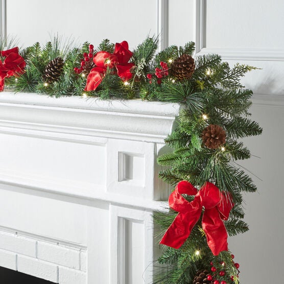 Pre-Lit Classic 9' Garland, GREEN RED, hi-res image number null