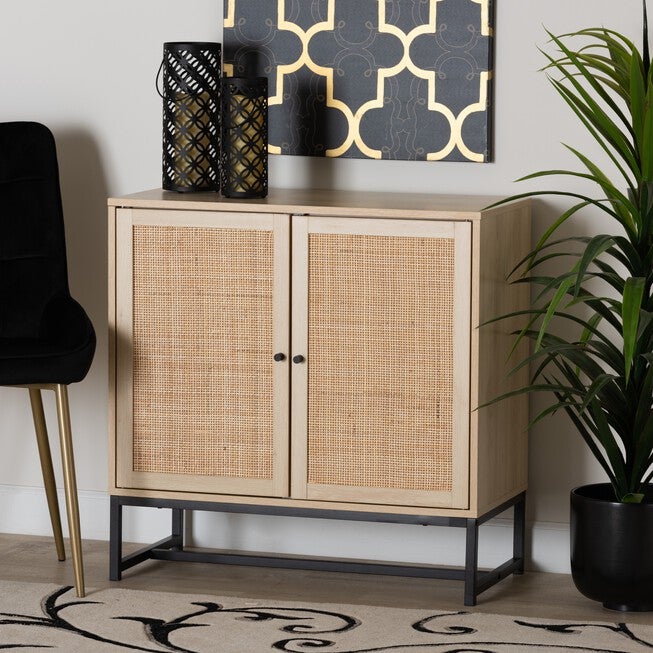 Caterina Mid-Century Modern Transitional Natural Brown Finished Wood And Natural Rattan 2-Door Storage Cabinet, , alternate image number null