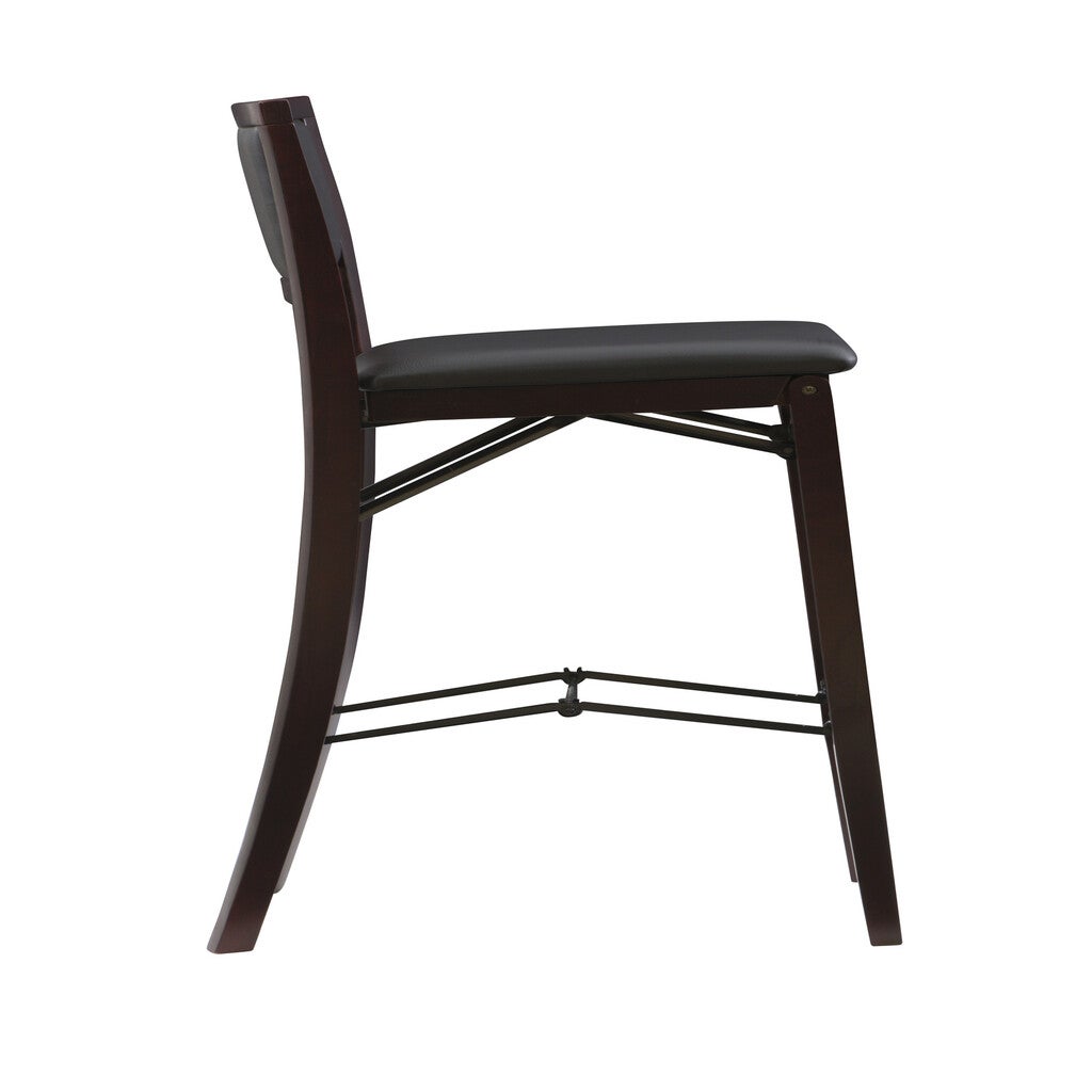 Profile view of a dark wood bar stool showing curved leg and seat from the side.