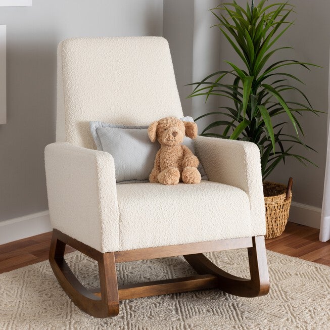 Yashiya Mid-Century Modern Off-White Boucle Upholstered And Walnut Brown Finished Wood Rocking Chair, , alternate image number 7