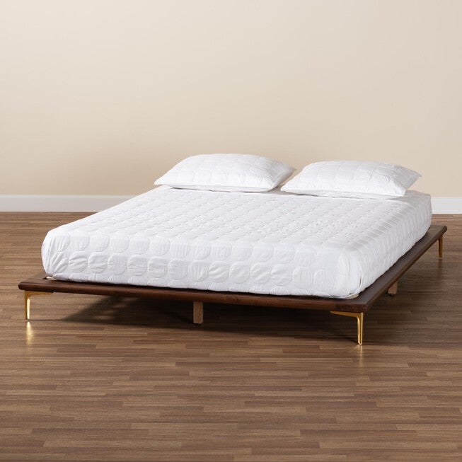 Channary Mid-Century Modern Transitional Walnut Brown Finished Wood And Gold Metal King Size Bed Frame, , alternate image number null