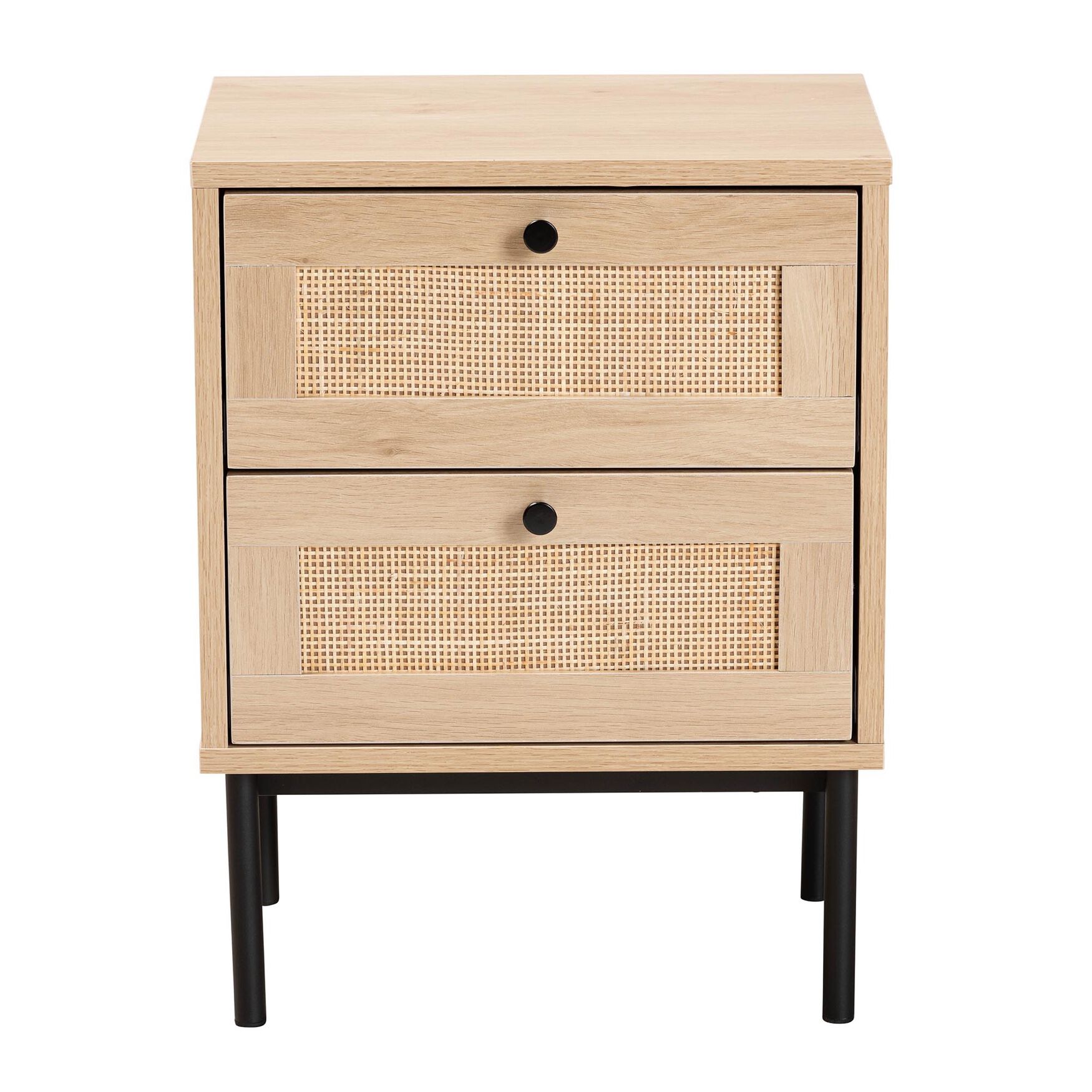 Sherwin Mid-Century Modern Light Brown And Black 2-Drawer End Table With Woven Rattan Accent, , alternate image number 2