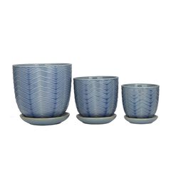 Blue Porcelain Ceramic  Indoor Outdoor Planter with Attached Saucer, Set of 3 8", 6", 5"H
