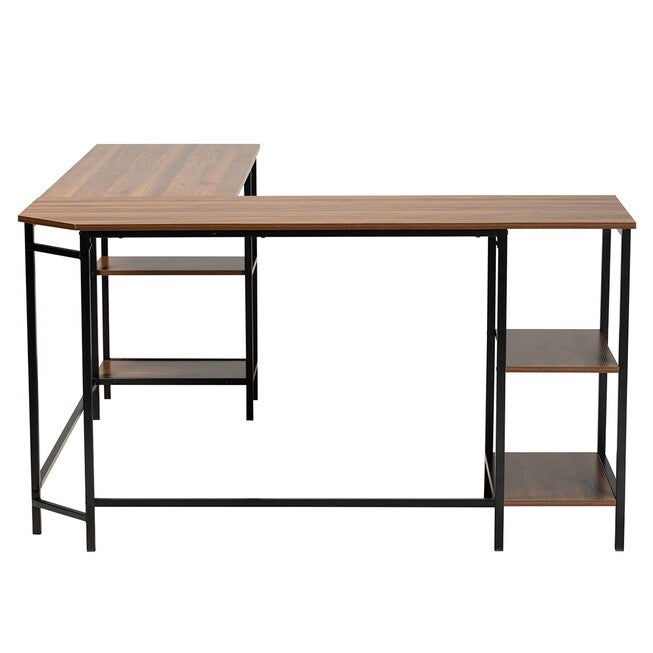 Lydia Modern Walnut Brown Finished Wood And Black Metal L-Shaped Corner Desk With Shelves, , alternate image number null