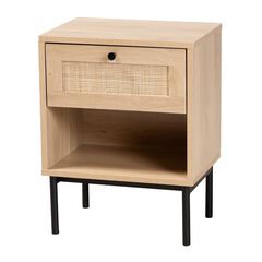 Sherwin Mid-Century Modern Light Brown And Black 1-Drawer End Table With Woven Rattan Accent