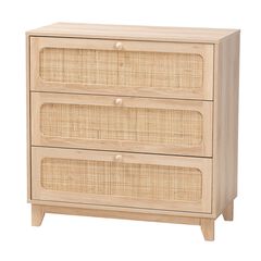Elsbeth Japandi Oak Brown Finished Wood And Natural Rattan 3-Drawer Storage Cabinet