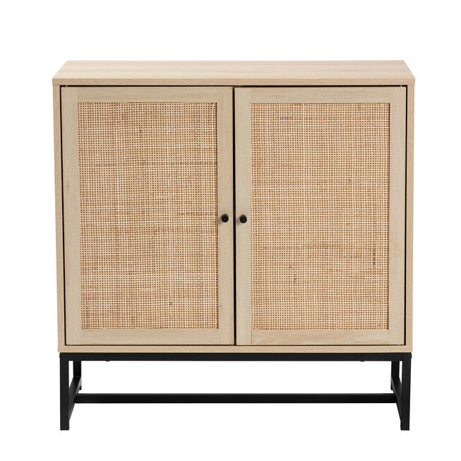 Caterina Mid-Century Modern Transitional Natural Brown Finished Wood And Natural Rattan 2-Door Storage Cabinet, , alternate image number null